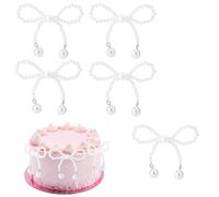Lyreh 5pcs Pearl Bow Cake Decorations, 2.56x1.97 Inch Small Artificial Pearls Elegant White Bow Theme Cupcake Toppers Coquette Party Decor for Wedding Birthday Party Floral Bouquet Wrapping
