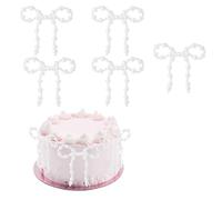 Lyreh 5pcs Pearl Bow Cake Decorations, 3.35x3.35 Inch Artificial Pearls Elegant White Bow Theme Cupcake Toppers for Wedding Birthday Party Floral Bouquet Wrapping