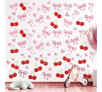 Lyreh 9pcs Pink Bow Wall Stickers, 11.7x7.8in PVC Bowknot Heart Cherry Watercolor Aesthetic Wall Decals Decoration for Door Mirror Glass Bedroom Nursery Office Pink Theme Party