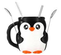 Lyreh Cute Penguin Ice Cream Pint Holder, Leak-Proof Ice Cream Pint Container with Spoons Stainless Steel Straw & Brush Reusable Beer Can Sleeve with Handle Popsicle Holder