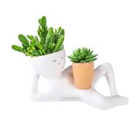 Lyreh Lazy Guy Planter, 9x4.3in Resin Funny Indoor Lying Down Flower Plant Pot Cute Smile Face Cactus Succulent Pot Practical Decoration for Office Desk Balcony Living Room Courtyard Garden (White)