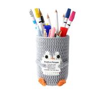 Lyreh Positive Penguin Crochet Pen Holder, Cute Funny Creative Knitting Emotional Support Crochet Animals Holder with Inspirational Card Gift for Desk Holding Pen Case Stationery Makeup Brushes(Grey)