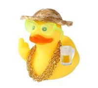 Lyreh Rubber Duck Car Dashboard Ornament, Small Funny Middle-Finger Yellow Ducky with Straw Hat Gold Necklace Sunglasses Beer Glass for Cool Auto Accessories Unique Novelty Ducking Car Decoration