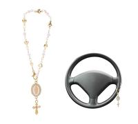 Lyreh Steering Wheel Rosary Charm, Golden Steering Wheel Rosary Accessory with Virgin Mary and Crucifix Charm Car Interior Decor Delicate Gift for Catholic Women Men