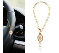 Lyreh Steering Wheel Rosary Pendant, Catholic Car Accessory with Virgin Mary & Crucifix Rear View Mirror Hanging Rosary Charm (Gold)