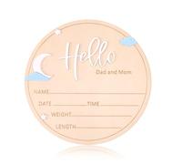 Lyreh Wooden Baby Announcement Sign, Round Hello World Birth Name Sign with Moon and Stars Pattern Chic Newborn Plaque for Welcome to Arrival New Baby Commemorative Prop Nursery Hospital Home Decor
