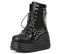 Lyrisiphy Women's Goth Ankle Boots Platform Chunky Heel with Punk Chains & Studs Lace Up Combat Boots for Rave Festivals, Black, 5.5 UK