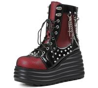Lyrisiphy Women's Gothic Ankle Boots Black Platform Combat Boots with Punk Chains & Studs Lace Up Wedge Boots for Womens Rave Festivals Halloween, Red, 7 UK