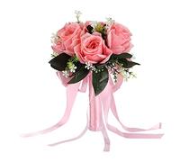 lyrlody Artificial Wedding Bouquet, Silk Flower Bridal Bouquet with Silk Ribbon Decoration for Wedding Bride Party Photography (Pink)