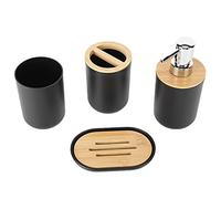 lyrlody Set of 4 Complete Bathroom Accessories, with Toothbrush Holder, Dish, Lotion Dispenser and Cup, in Plastic+, for Home Decor (Black)