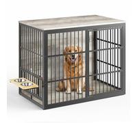 Lyromix 48'' XXL Dog Crate Furniture with Rotating Feeder, Large Wooden Crate End Table, Heavy Duty Indoor Kennel Cage for Medium to Large Dogs, Grey
