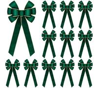 Lyrow 12 Pieces Large Christmas Bows 26 x 12 Inch Velvet Wreath Bow With Glitter Gold Edge for Indoor Outdoor Parties Festive Holiday Easy Hanging (Green)