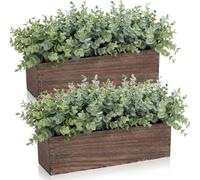 Lyrow 2 Pack Artificial Eucalyptus Plant in Rustic Rectangular Wooden Planter Box Greenery Faux Potted Herb Plant for Indoor Wedding Table Centerpiece Decor(Brown,16.1 x 3.7 x 8.7 Inches)
