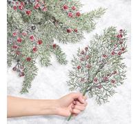 Lyrow 24 Pcs Christmas Artificial Juniper Cedar Branches Picks Spray with Berry Faux Greenery Spray Branches Cedar Twig Stems for Holiday Winter Ornament Crafts Wreath Garland (Red Berry with Snow)
