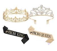Lyrow 4 Pcs Prom Crowns and Sashes Set Halloween Prom King and Queen Tiara with Sash Birthday Party Graduation Accessories(Gold, Black)
