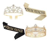 Lyrow 4 Pcs Prom King and Queen Crowns Set with Sashes, King Crowns for Men Rhinestone Princess Crown Tiara for Women 80s Prom Party Gift for Graduation Wedding Birthday Costume (Heart Style,Gold)