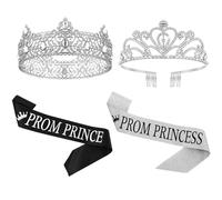 Lyrow 4 Pcs Prom King and Queen Crowns Set with Sashes, King Crowns for Men Rhinestone Princess Crown Tiara for Women 80s Prom Party Gift for Graduation Wedding Birthday Costume(Heart Style,Silver)