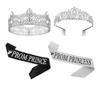Lyrow 4 Pcs Prom King and Queen Crowns Set with Sashes, King Crowns for Men Rhinestone Princess Crown Tiara for Women 80s Prom Party Gift for Graduation Wedding Birthday Costume(Crystal Style,Silver)