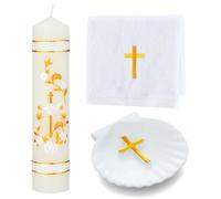Lyrow Baptism Candle Set Complete Christening Gift Kit with Shell, Candle & Towel, White Gold Communion for Baptism, First Holy Communion, Catholic Sacraments ()