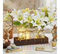 Lyrow Easter Lily Centerpiece Table Decorations with Farmhouse Wood Tray 3 Pcs Mason Jar and 12 Pcs Artificial Lily Real Touch Fake Spring Flowers LED Light for Easter Church Home Table Decor