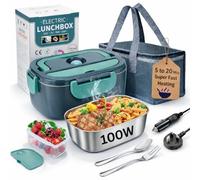LyroX 100W Electric Lunch Box, Fast Heating Food Warmer 1.5L Stainless Steel Container, 3-in-1 Portable Heated Lunch Box for Car 12V/24V & Home/Office 220-240V, Leakproof with Carry Bag & Accessories