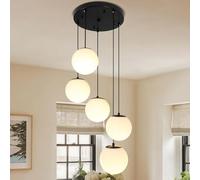 LYSDjia 5-Lights Cluster Globe Glass Chandelier Mid Century Brushed Gold Hanging Lamp with Milk White Glass Modern Cluster Pendant Light for Staircase Dining Room Living Room Adjustable Height