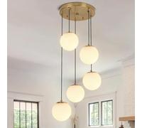 LYSDjia 5-Lights Cluster Globe Glass Chandelier Mid Century Brushed Gold Hanging Lamp with Milk White Glass Modern Cluster Pendant Light for Staircase Dining Room Living Room Adjustable Height