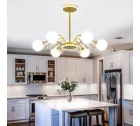 LYSDjia 6-Lights Globe Mid Century Chandelier Modern Sputnik Pendant Light Fixture with G9 Bulb Brushed Metal Finished with White Globe Glass Lampshade Dining Kitchen Island Bedroom Hanging Lighting(G