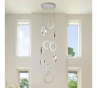 LYSDjia Modern crystal chandelier 10 ring long staircase Pendant Light LED living room ceiling lamp with remote control high ceiling foyer Hanging Lamp stainless steel ring Light Fixture for restauran