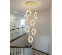 LYSDjia Modern crystal chandelier 10 ring long staircase Pendant Light LED living room ceiling lamp with remote control high ceiling foyer Hanging Lamp stainless steel ring Light Fixture for restauran
