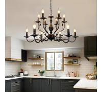 LYSDjia Pendant Lamp French Country Chandelier 6 Light Black Candle Style Pendant Light Vintage Metal Pendant Hanging Lamp Ceiling Pendant Lighting Fixture for Dining Table Island Kitchen Living Room