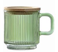 Lysenn Glass Coffee Mug with Lid - Premium Classical Vertical Stripes Glass Tea Cup - for Latte, Tea, Chocolate, Juice, Water - Lead-Free - Bamboo Lid - Lime Green