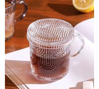 Lysenn Glass Coffee Mugs Set of 4 - Premium Crystal Glass Mugs with Lids - Unique Design Coffee Glasses for Tea Latte Cocoa Chocolate - 10 oz, Clear