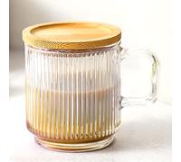 Lysenn Iridescent Glass Coffee Mug with Lid - Premium Classical Vertical Stripes Glass Tea Cup - for |Latte|Tea|Chocolate|Juice|Water| - Unleaded - Bamboo Lid - 12.5 Ounces