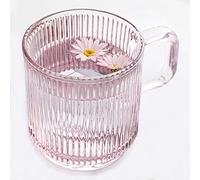 Lysenn Pink Glass Coffee Mug with Lid - Premium Classical Vertical Stripes Glass Tea Cup - for |Latte|Tea|Chocolate|Juice|Water| - Unleaded - Bamboo Lid - 12.5 Ounces