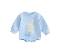 LYSINK Baby Boy Girl Easter Sweatshirt Romper Fuzzy Bunny Embroidery Jumpsuits Round Neck Long Sleeve One-Piece Outfits (A-Blue, 0-6 Months)