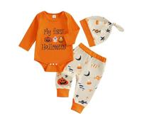 LYSINK Baby Boy Girl Halloween Clothes Letter Embroidery Long Sleeve Romper Tops Pumpkin Pants and Hat 3Pcs Fall Outfit (Bb Orange, 12-18 Months)