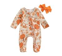 LYSINK Baby Boy Girl Halloween Outfit Pumpkin Print Long Sleeve Footed Jumpsuit Headband/Hat 2 Piece Newborn Set (Bd Orange, 3-6 Months)