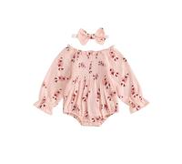 LYSINK Baby Girl Christmas Outfit Candy Cane Print Smocked Jumpsuits Long Puff Sleeve Romper with Bow Headband (A-a-Pink, 0-3 Months)