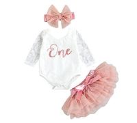 LYSINK Baby Girls My 1st Birthday Outfits Short/Long Sleeve Romper A-Line Lace Tutu Skirt Headband Cake Smash Outfits 3 Piece Suit (Be Pink, 9-12 Months)