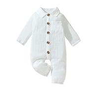 LYSINK Infant Baby Boy Cotton Linen Jumpsuit Solid Color Lapel Button Up Romper Casual Full Length One Piece Bodysuits (D-White, 0-3 Months)