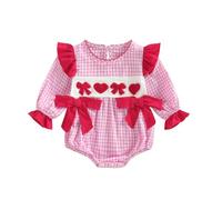 LYSINK Infant Baby Girl Valentine's Rompers Puff Long Sleeve Doll Collar Letters Embroidery Bow Decor Bubble Jumpsuit