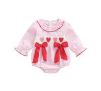 LYSINK Infant Baby Girl Valentine's Rompers Puff Long Sleeve Doll Collar Letters Embroidery Bow Decor Bubble Jumpsuit
