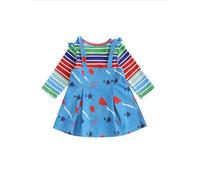 LYSINK Kids Girls Fall 2 Piece Outfit Striped Long Sleeve Crew Neck Shirt Graffiti Print Denim Lace-Up Halter Skirt Set (A-a-Blue, 5-6 Years)