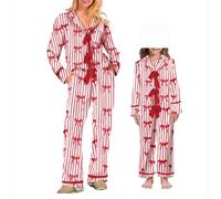 LYSINK Mommy and Me Matching Pajamas Set Satin Silk Bow Print Long Sleeve Button Down Tops Pants Sleepwear for Mother Daughter (Mom, XL, Ba Red)
