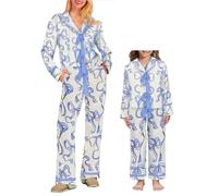 LYSINK Mommy and Me Valentine's Day Matching Pajamas Bow Print Lapel Button Long Sleeve Shirts Drawstring Pants Silk Pjs Set (Girls, 12 Years, B-a-Blue)