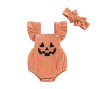 LYSINK My First Halloween Baby Girl Corduroy Fall Set Witch Pumpkin Embroidered Ruffled Square Neck Infant Jumpsuit Headband Outfit (Ba Orange, 6-12 Months)