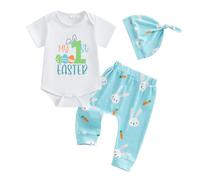 LYSINK Newborn Baby Boy Girl My First Easter 3Pcs Outfits Short Sleeve Round Neck Romper Bunny Ear Hat Casual Pants Set (Bb White, 6-12 Months)