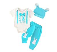 LYSINK Newborn Baby Boy Girl My First Easter 3Pcs Outfits Short Sleeve Round Neck Romper Bunny Ear Hat Casual Pants Set (Bg Navy Blue, 6-12 Months)