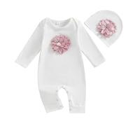 LYSINK Newborn Girl Romper Outfit Ribbed Long Sleeves Round Neck Jumpsuit with Headband Set Baby Girl Preemie Coming Home Outfit (Bj White, 0-3m)